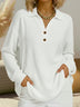 Stylish Solid-Color Loose-Fit Long-Sleeve Waffle-Knit Pullover with V-Neck and Buttons