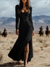 Western style button long sleeve sexy maxi dress