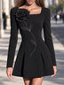 Square Neck Long Sleeve 3D Rose Flared Mini Dress