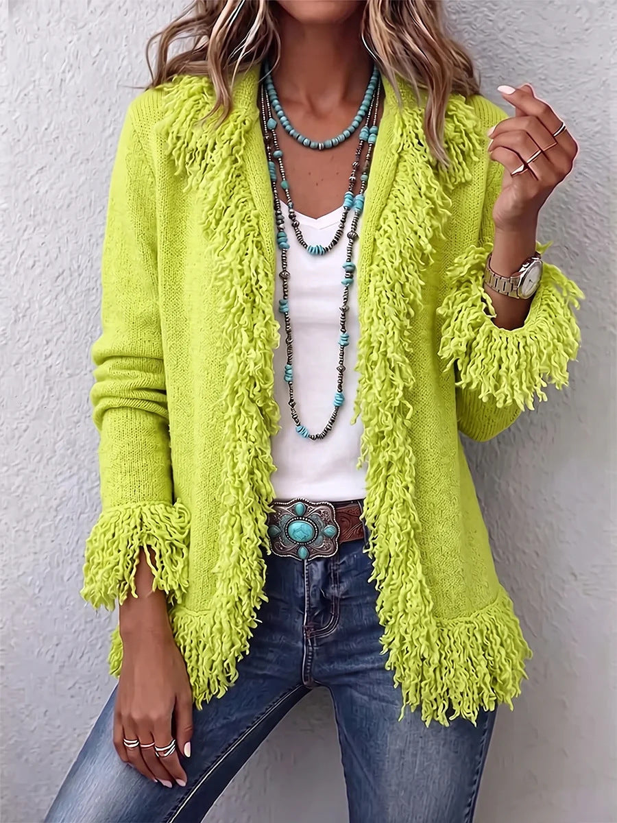 Solid-color slim-fit cardigan jacket with fringe detailing