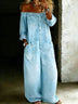 Fashionable single-breasted off-shoulder washed denim jumpsuit