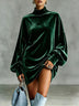 Casual High-Neck Loose-Fit Velvet Mini Dress with Lantern Sleeves
