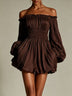 White off-shoulder ruched smocked-waist mini dress