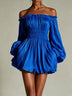 White off-shoulder ruched smocked-waist mini dress