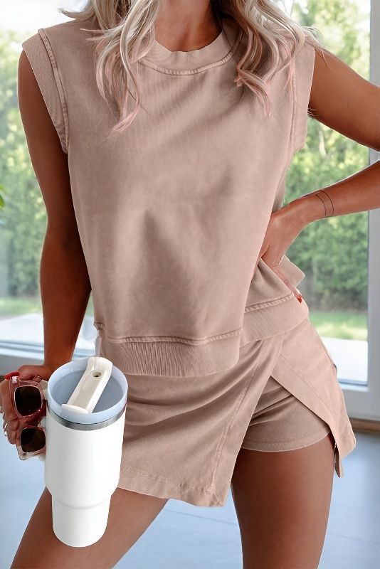 Solid-color casual tank top and shorts-skirt two-piece set