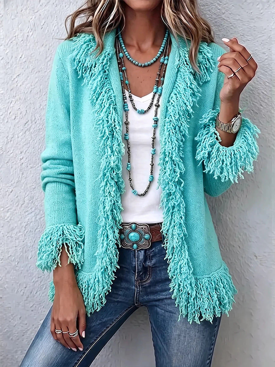 Solid-color slim-fit cardigan jacket with fringe detailing