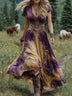 Deep V-neck short-sleeve dress with a creative patterned motif