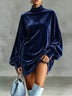 Casual High-Neck Loose-Fit Velvet Mini Dress with Lantern Sleeves