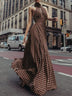 Brown halter-neck maxi dress with polka dots and 3D floral details