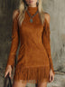 Brown High-neck Off-shoulder Tassel Faux Suede Long-sleeved Mini Dress