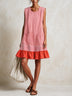 Blue Sleeveless Red Striped And Ruffled Loose Mini Dress