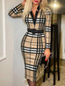 Stylish plaid V-neck bodycon long-sleeved sexy dress（Includes belt）