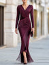 Burgundy Wrap V Neck Long Sleeve Fringed Mermaid Maxi Evening Dress