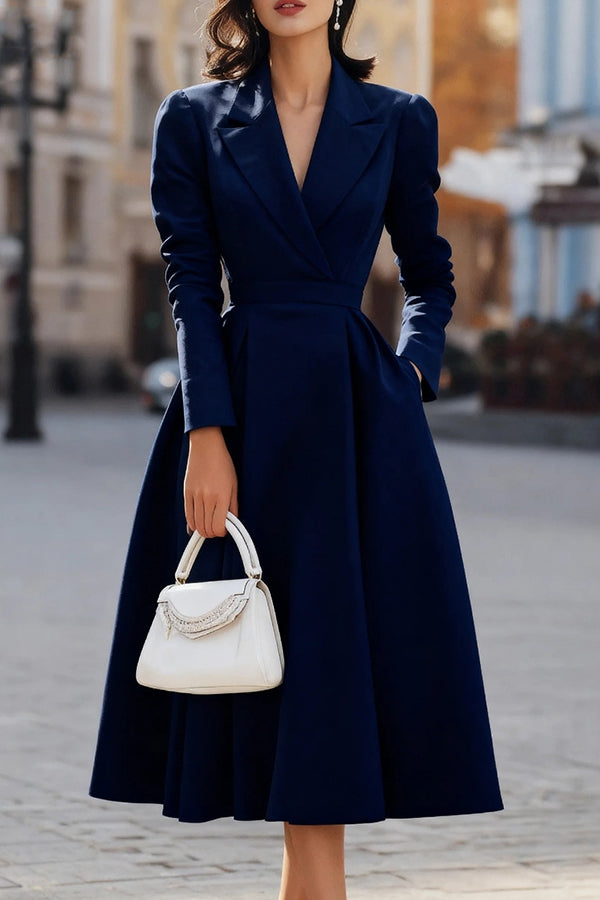 Elegant V-neck Long-sleeved Fitted Waist Midi Dress