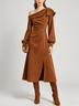 Brown Elegant Draped Off Shoulder Front Slit Midi Dress