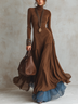 Brown Suede Paneled Double-Layer Color Block Chiffon Maxi Dress