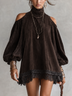 Dark Brown Corduroy Cold Shoulder Turtleneck Lace Hem Mini Dress
