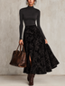 Black Fitted Turtleneck Top And Printed Velvet Maxi Skirt Two-Piece Set