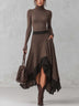 Chocolate Brown Turtleneck Tee And Color Block Wool-Blend Asymmetric Midi Skirt Set