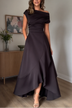 Black Off Shoulder High Waist Asymmetrical Ruffle Hem Maxi Dress With Side Pockets
