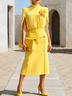 Yellow High Neck Pleated Cape Sleeve Top & High Waist Midi Skirt 2 Piece Set