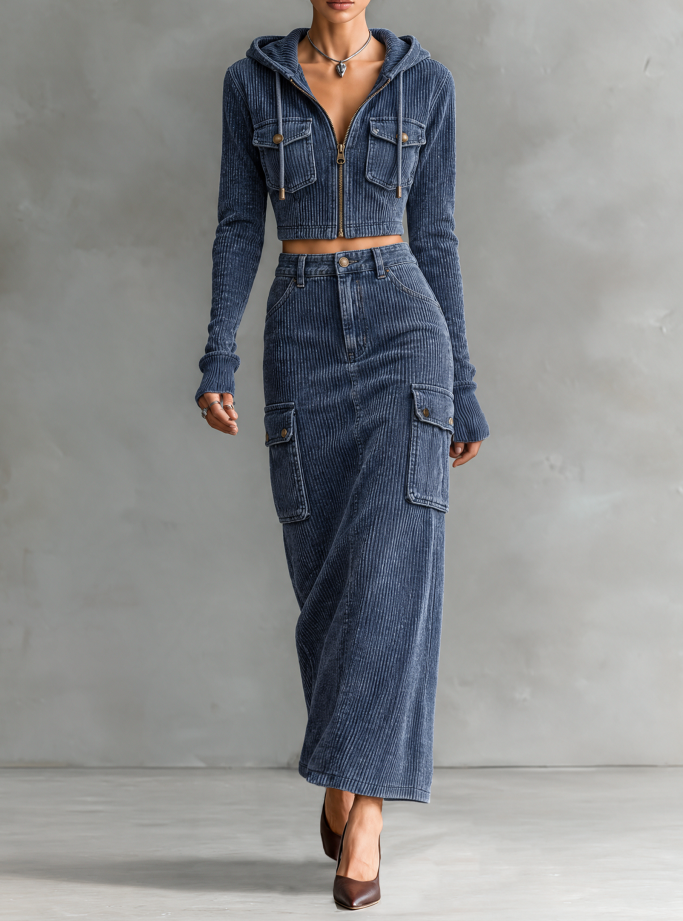 Women’s Vintage-Style Distressed Corduroy Hooded Cropped Jacket And Skirt Set