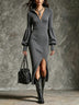 Women's Stand-Collar Zippered Lantern Sleeves Knit Slit Dress
