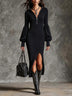 Women's Stand-Collar Zippered Lantern Sleeves Knit Slit Dress