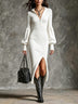 Women's Stand-Collar Zippered Lantern Sleeves Knit Slit Dress