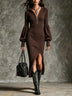 Women's Stand-Collar Zippered Lantern Sleeves Knit Slit Dress