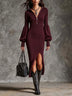 Women's Stand-Collar Zippered Lantern Sleeves Knit Slit Dress