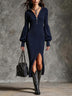 Women's Stand-Collar Zippered Lantern Sleeves Knit Slit Dress