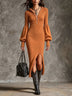 Women's Stand-Collar Zippered Lantern Sleeves Knit Slit Dress