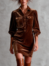 Caramel Brown Velvet Shirt Collar Half‑Button Puff Sleeve Mini Dress With Pockets