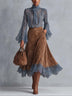 Dusty Blue Sheer Lace Blouse And Camel Faux Suede Lace-Hem Midi Skirt Set