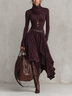 Deep Purple Stretch Turtleneck Faux Suede Patchwork Handkerchief Hem Midi Dress