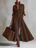 Brown Faux Suede Stand Collar Henley Button Placket Blue Lace Trim Front Slit Long Sleeve Maxi Dress
