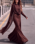Brown Draped Cowl Cape Long Sleeve Top & Mermaid Maxi Skirt 2-Piece Set