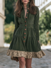 Olive green Stand-up Collar Button-down Long-sleeved Ruffle Mini Dress