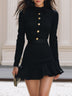 Elegant Black Ribbed Knitted Mini Skirt With Gold Buckle Ruffle Hem
