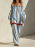 Blue White Stripe Off‑Shoulder Smocked Top & High Waist Wide Leg Pants Red Ruffle Hem Co‑ord Set