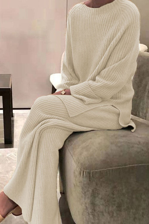 Long-sleeved solid color knitted casual sweater two-piece