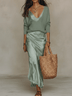 Elegant Knitted Pullover Top and Satin Midi Skirt Set