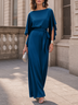 Peacock Blue Satin Boat Neck Flutter Sleeve Belted Maxi Evening Dress