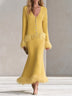 Knit Feather Trim Button Mermaid Maxi Skirt Two Piece Set