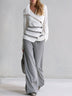 White Asymmetric Collar Cotton Top Wide Leg Pants Two Piece