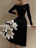 Off Shoulder Long Sleeve Floral Print Midi Dress