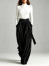 Mock Neck Ribbed Knit Top And Wrap Tie Waist Contrast Stitch Wide Leg Pants Set