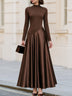 Brown Mock Neck Maxi Dress, Contrast Satin & Knit Long Sleeve Formal Evening Dress