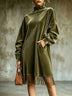 Vintage ribbed velvet midi dress with a high neck and fringed hem